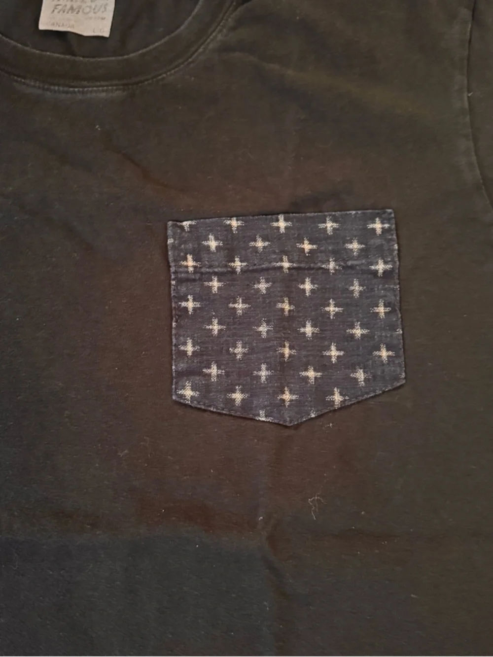 Naked & Famous Denim Black Short Sleeve T-Shirt with indigo Patterned Pocket